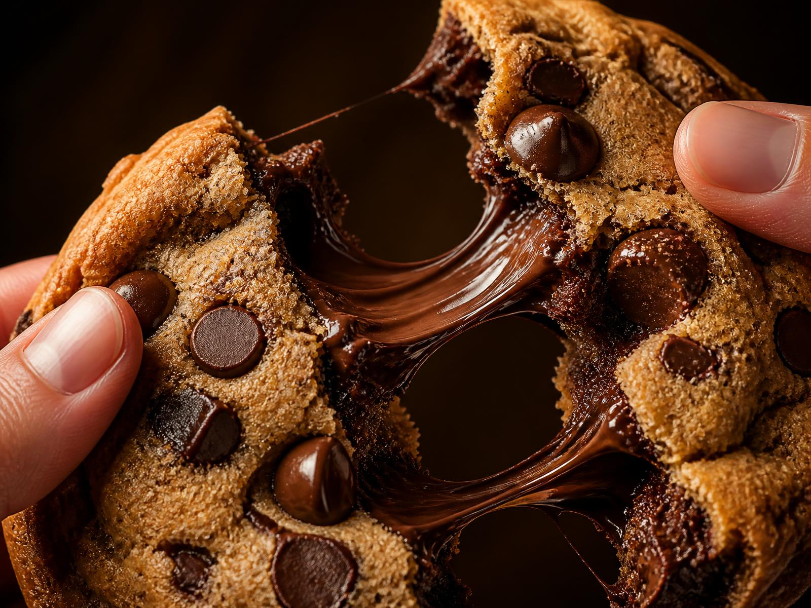 An oversized gourmet cookie broken open with a gooey molten chocolate center